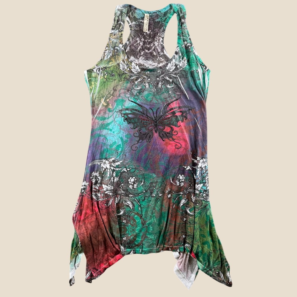 India Boutique Tank Top Womens M Multicolor Butterfly Rhinestone Boho Fairycore